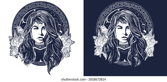 Witch woman oracle tattoo art. Mystical fortune teller of destiny. Symbol of the occult, esoteric, magic. Female shaman t-shirt design. Black and white vector graphics 