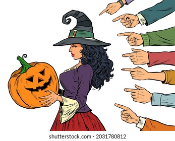 Witch Woman With Pumpkin Halloween, Seasonal Holiday, Shame Shaming Bullying Theme. Isolate On A White Background