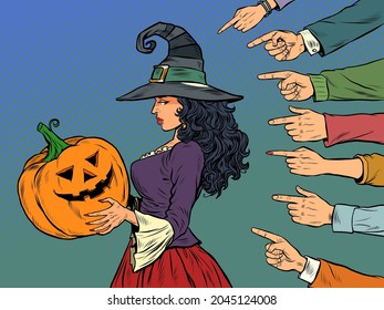 Witch Woman With Pumpkin Halloween, Seasonal Holiday, Shame Shaming Bullying Theme