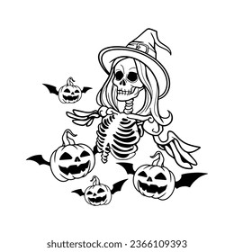 witch woman skull playing with flying pumpkin on halloween night