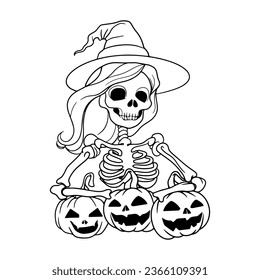 witch woman skull and three pumpkins ready to party on halloween night