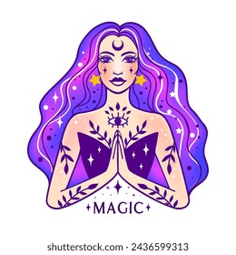 Witch woman with stars. Monochrome black and white vector illustration. Halloween concept. Line art tattoo. Spirituality, magic