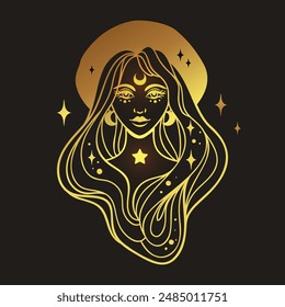 Witch woman wearing hat with stars. Monochrome black and white vector illustration. Halloween concept. Line art tattoo. Spirituality, magic