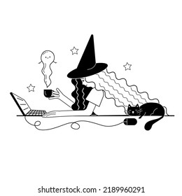 a witch works from home with cat. costume Halloween party from home. office party. freelance remote work black and white outline vector illustration