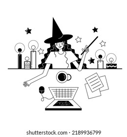 a witch works from home. costume Halloween party from home. office party. freelance remote work black and white outline vector illustration