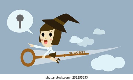 Witch young business woman Riding  the key chess  to success . cartoon vector