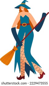 Mujer de personaje joven bruja, hechicera hembra de la europa tradicional sostiene escoba mágica aislada en ilustración blanca vectorial de dibujos animados.