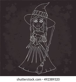 Witch young girl with broom. Set object Halloween isolated on black background. Cloth design, wallpaper, wrapping, textiles, paper, card, invitation, holiday, birthday, cute. Color magic art. Eps10.