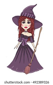 Witch young girl with broom. Set object Halloween isolated on white background. Cloth design, wallpaper, wrapping, textiles, paper, card, invitation, holiday, birthday, cute. Color magic art. Eps10.