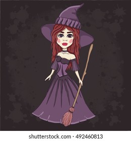 Witch young girl with broom. Set object Halloween isolated on black background. Cloth design, wallpaper, wrapping, textiles, paper, card, invitation, holiday, birthday, cute. Color magic art. Eps10.