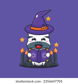 Witch zebra reading spell book. Cute halloween cartoon illustration. 