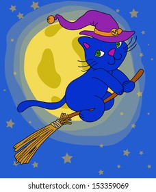 Witch-cat flying on broom