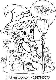 Witch,cat,broom,
 And bat in theme Halloween.coloring book page vector isolated on white background.