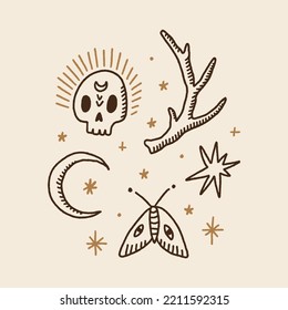 Witchcore cartoon aesthetic spooky Halloween hand drawn doodles set, vector symbols. Perfect for party decor, flash tattoo and more. Funky groovy engraving vintage style.