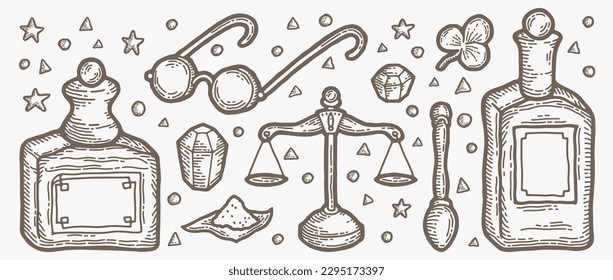 Witchcraft, alchemy bottle. Sketch esoteric crystal, magic poison or potion drink, scales, glass, spoon and clover in vintage retro engraved syle, clover, witch powder. Vector black and white set