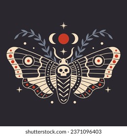 Witchcraft and alchemy occult icon with death moth creature. Esoteric symbol of magic plant.