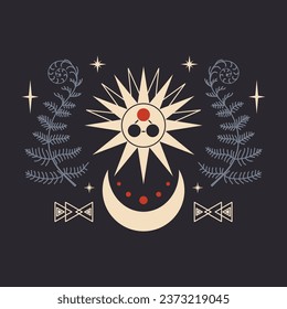 Witchcraft and alchemy occult icon with stars, moon and magic fern plant. Astrology and esoteric mystic symbol.