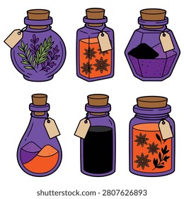 Witchcraft apothecary ingredient jars set with dried herbs spices and rustic hanging labels