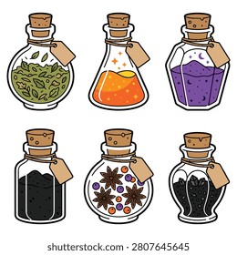 Witchcraft apothecary ingredient jars set with dried herbs spices and rustic hanging labels
