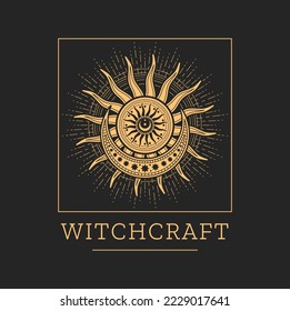 Witchcraft astrology, tarot and occultism magic icon. Esoteric astrology esoteric symbol or icon with sun, stars and crescent. Religion sacred sign, occultism emblem or tattoo, witchcraft seal