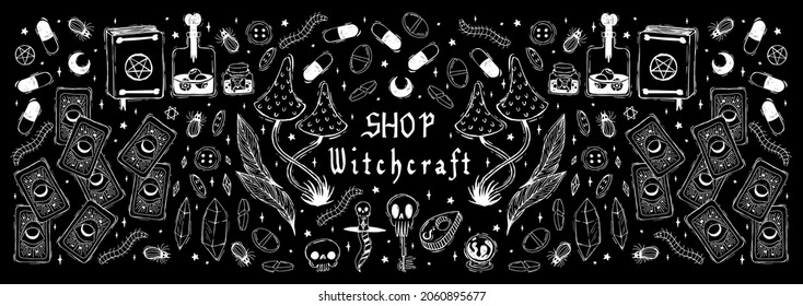 Witchcraft Attributes Collection Wizard Shop Banner Magic Elements Tarot Cards Witch Vintage Set Wicca Pagan Vector Illustration Halloween Skull Book of Darkness Scary Insects Toadstool Mushrooms
