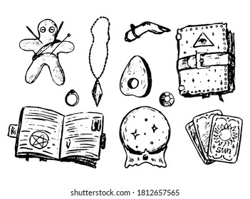 Witchcraft attributes doodles set. Simple vector hand drawn illustrations. Collection of halloween drawings isolated on white. Black contour sketches for design, prints, card, decor, poster, stickers.