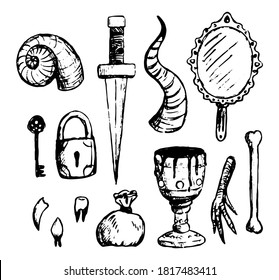 Witchcraft attributes doodles set. Simple vector hand drawn illustrations. Collection of halloween drawings isolated on white. Black contour sketches for design, prints, card, decor, poster, stickers.