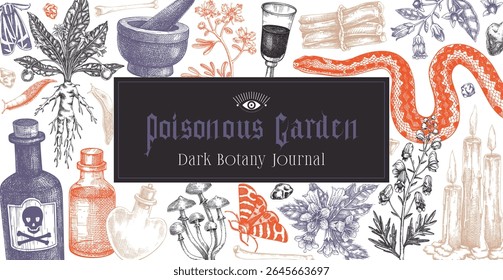 Witchcraft background. Halloween frame design. Bohemian hand drawn vector illustration. Witch herbs, poisonous plants, magic ingredients sketches. NOT AI generated