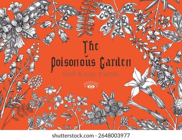 Witchcraft background. Poisonous plants hand drawn vector illustration Witch herbs sketches. Bohemian apothecary frame design. NOT AI generated