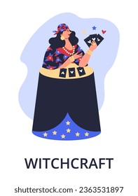 Witchcraft banner or card template with gypsy fortune teller in traditional folk clothes, cartoon flat vector illustration isolated on white background.