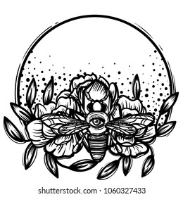 Witchcraft. bee with eye. occult bee, magic crystal and flowers peonies. linear tattoo print illustration.