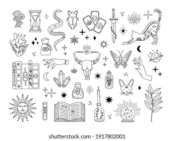 Witchcraft Big Set, Mystic Magical Symbols For Flash Tattoo, Hand Drawn Mystery Collection, Modern Boho Style Elements For Print Design. Vector Icons And Logo Illustration Isolated On White Background