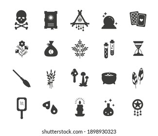 Witchcraft black flat style icon collection. Mystery and magic objects: tarot, magic ball, spell book, candle, hourglass, feathers, herbs, cauldron, flasks, mushrooms, broom, skull with bones, etc.