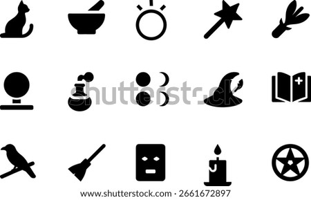 Witchcraft black icon set with wand, book, potion, raven, pentagram, candle, broom, hat, cat, crystal and more
