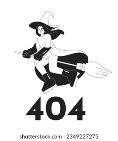 Witchcraft black white error 404 flash message. Evil witch flying on broomstick. Empty state ui design. Page not found popup cartoon image. Vector flat illustration concept on white background
