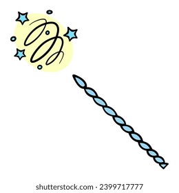 Witchcraft with a blue magic wand. A twisted wand twisted in a spiral creates a swirling glow of magical gold dust and blue stars. Miracle tool. Color vector illustration. Cartoon style. 