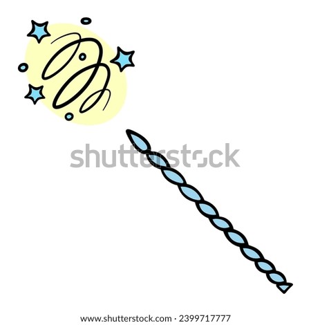 Witchcraft with a blue magic wand. A twisted wand twisted in a spiral creates a swirling glow of magical gold dust and blue stars. Miracle tool. Color vector illustration. Cartoon style. 