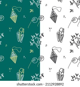 Witchcraft, boho background. Vector vintage collection. Hand drawn elements: glasses, crystals, plants, amulets, stars and sequins.