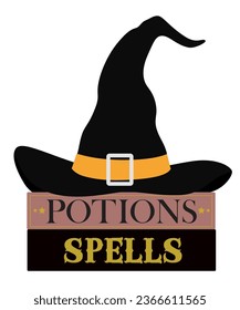 Witchcraft books of magic potions and spells, a black witch hat on the top of the books.