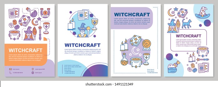 Witchcraft brochure template layout. Alchemy and occultism flyer, booklet, leaflet print design with linear illustrations. Vector page layouts for magazines, annual reports, advertising posters