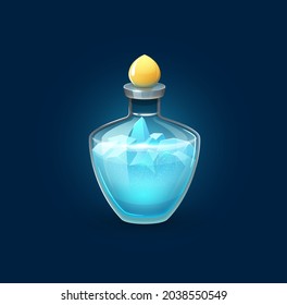 Witchcraft Bubble Potion Bottle With Frozen Ice Cubes. Magic Potion, Alchemist Elixir Vial Or Wizard, Witch Spell Corked Bubble. Fantasy Game Vector Object, User Interface Icon