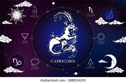 Witchcraft card astrology for Acpricorn zodiac sign and zodiac constellations. Modern magic, divination, crescent moon and sun on a blue background esoteric. Vector EPS10 illustration.
