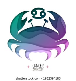 Witchcraft card with astrology Cancer zodiac sign.  Crab logo design. Cut out paper art style design.