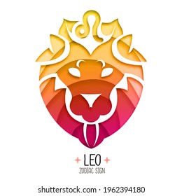 Witchcraft card with astrology Leo zodiac sign.  Lion logo design. Cut out paper art style design.