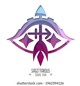 Witchcraft card with astrology Sagittarius zodiac sign.  Bow and arrow logo design. Cut out paper art style design.