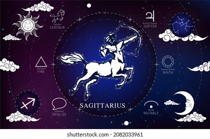 Witchcraft card astrology for Sagittarius zodiac sign and zodiac constellations. Modern magic, divination, crescent moon and sun on a blue background esoteric. Vector EPS10 illustration.