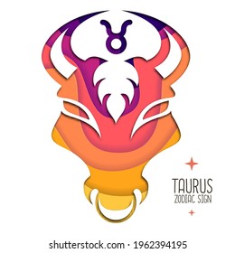 Witchcraft card with astrology Taurus zodiac sign.  Bull head logo design. Cut out paper art style design.