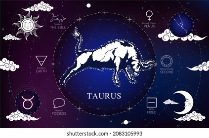 Witchcraft card astrology for Taurus zodiac sign and zodiac constellations. Modern magic, divination, crescent moon and sun on a blue background esoteric. Vector EPS10 illustration.