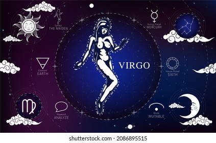 Witchcraft card astrology for Virgo zodiac sign and zodiac constellations. Modern magic, divination, crescent moon and sun on a blue background esoteric. Vector EPS10 illustration.