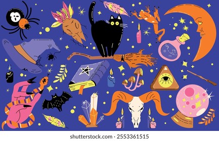 Witchcraft cartoon halloween stickers magic. Scary collection with witch, ritual, spider, book, snake, frog, broomstick, bat, potion. Scary patches set